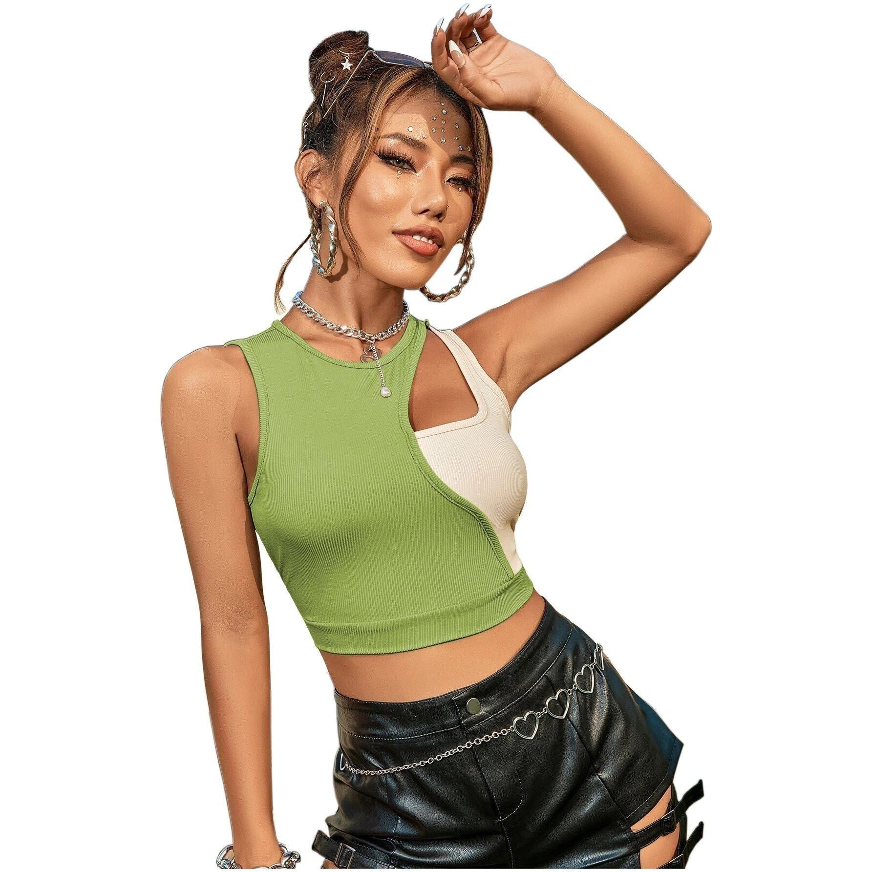 Round Neck Stitching Contrast Color Ultra Short I-shaped Sleeveless Vest T-shirt Top