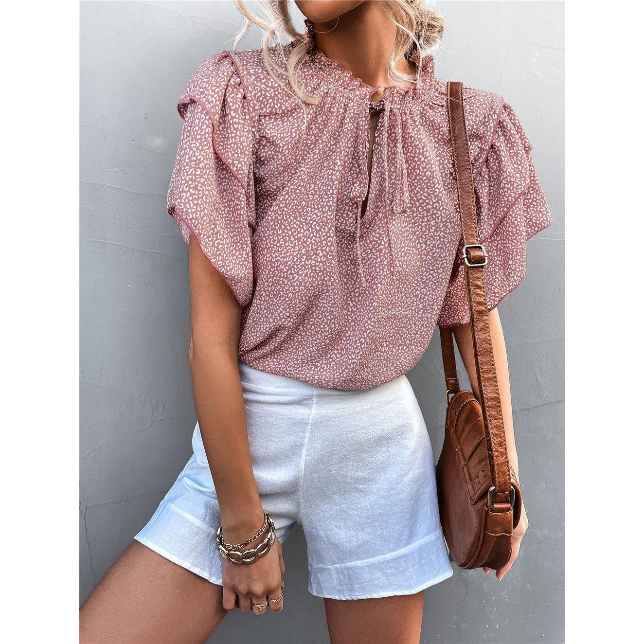 Tied V-neck Leopard Print Top Casual T-shirt - Jointcorp