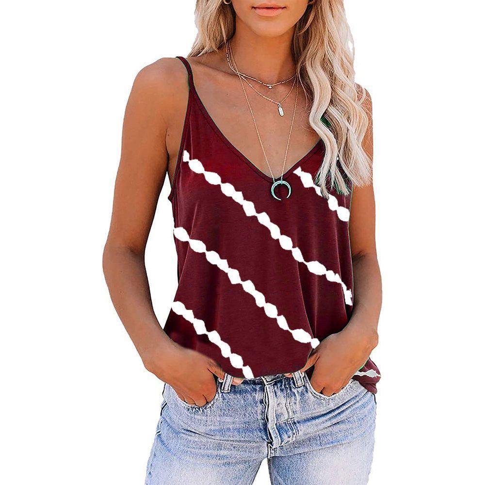 Women's Sleeveless Camisole V-neck Striped Printed T-shirt