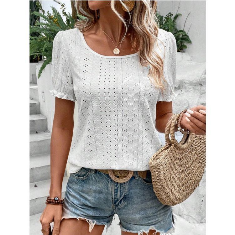 Women's Hole Hollow-out Round Neck Ruffled T-shirt