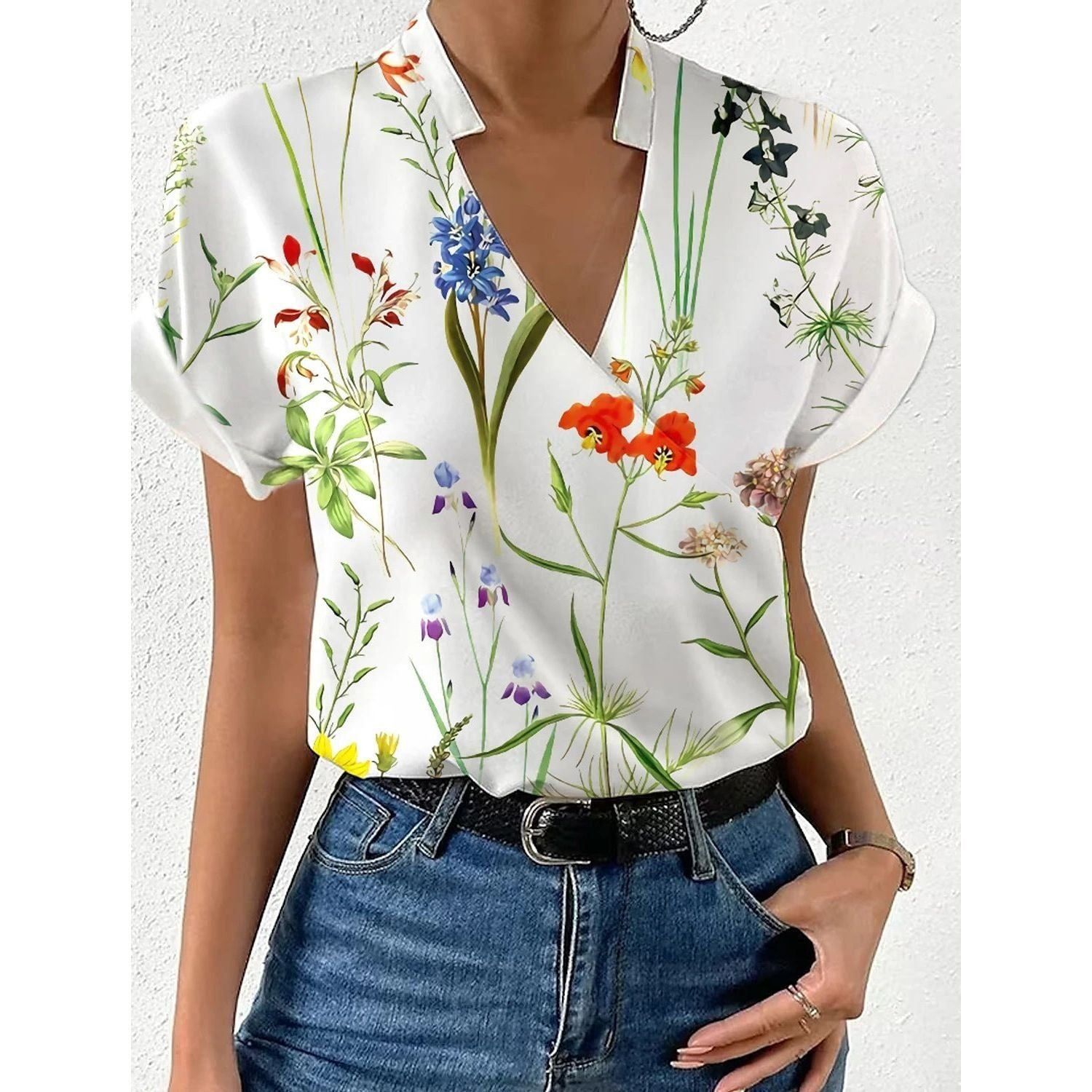 Summer Loose V-neck Stand Collar Printed Shirt