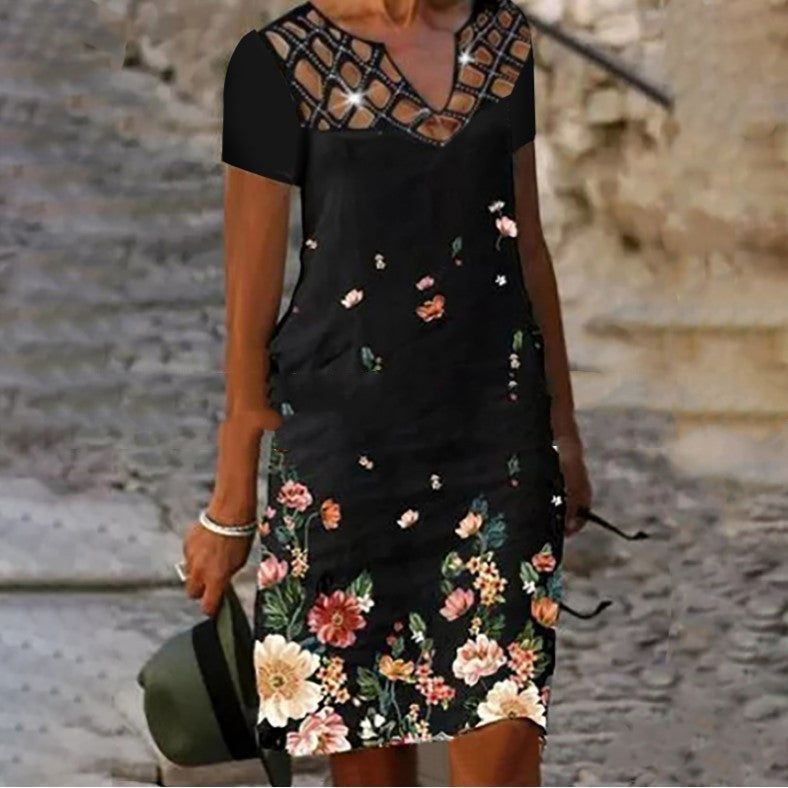 Fashion V-neck Printed Hollow Hot Bead Linen Dress - Jointcorp