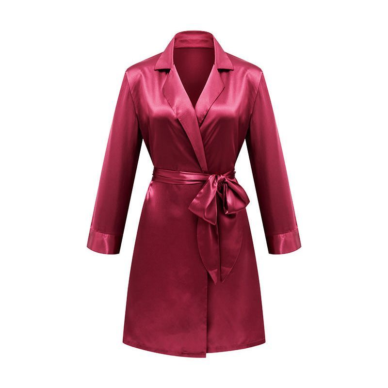 Lace Up Simulation Silk Bathrobe French Satin Pajamas - Jointcorp