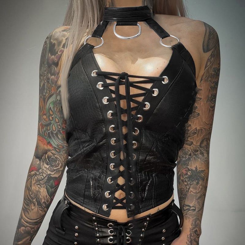 Street Hot Girl Halter Top Sexy Lace-up Vest Pu Leather Dark Style