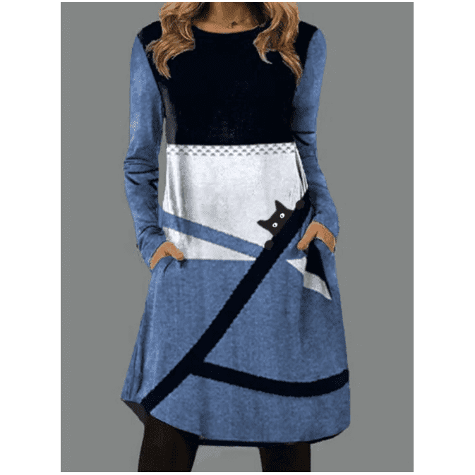 New Women's Printed Round Neck Long Sleeve Pocket Dress - Jointcorp