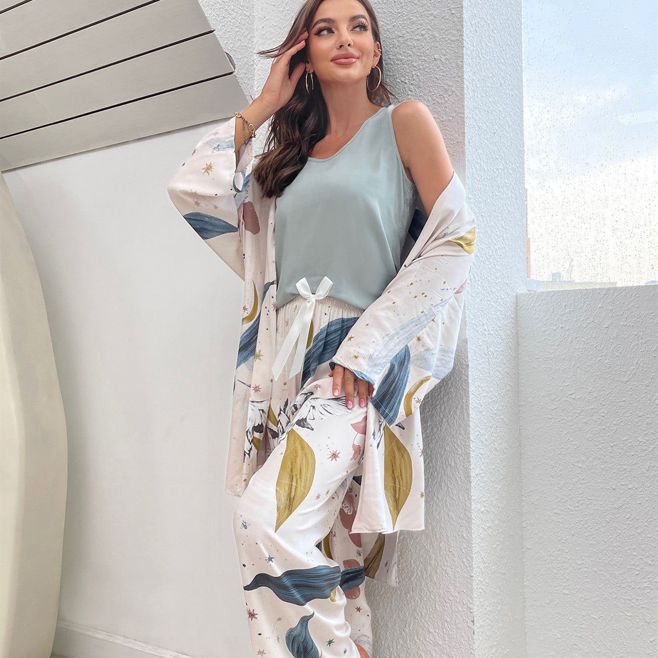 Women Pajamas Set Viscose Floral Printed Female Loose Sleepwear Nightwearar - Jointcorp