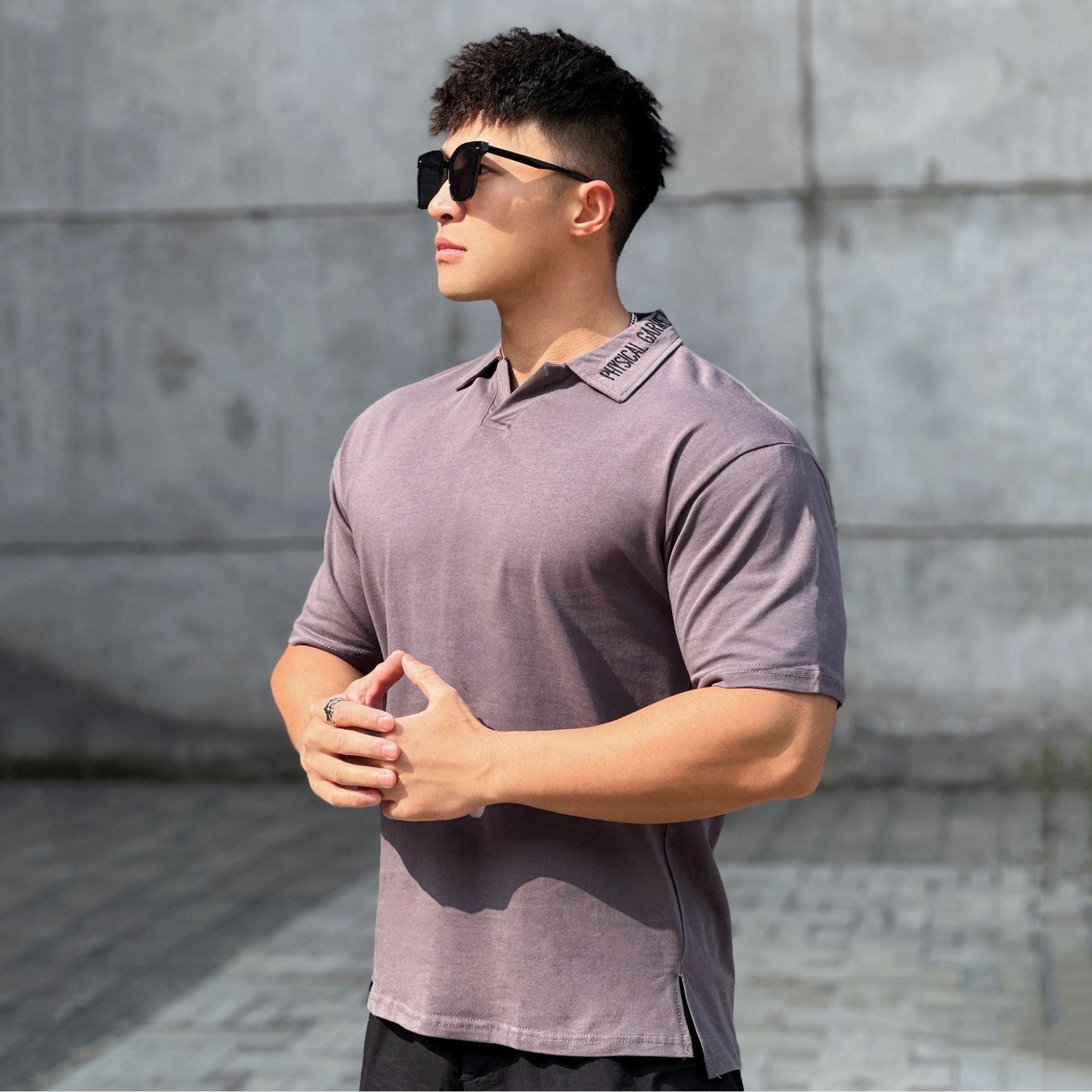 Fitness Running Loose Cotton Lapel Embroidered Thick T-shirt - Jointcorp