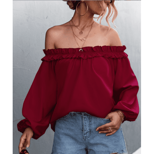 Solid Color Sexy Off-the-shoulder Lantern Sleeve T-shirt Top For Women - Jointcorp