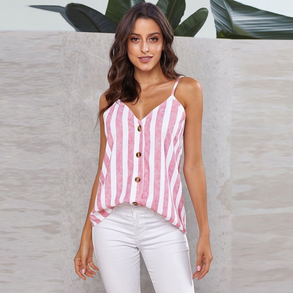European And American New Striped Vest Women's T-shirt V-neck Single-breasted Sling - Jointcorp