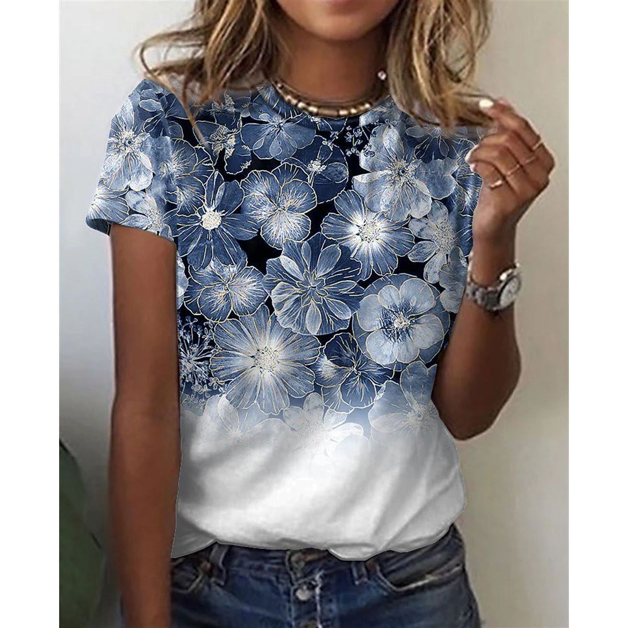 Women's Cotton-like 3D Printed Round Neck Short-sleeved T-shirt - Jointcorp