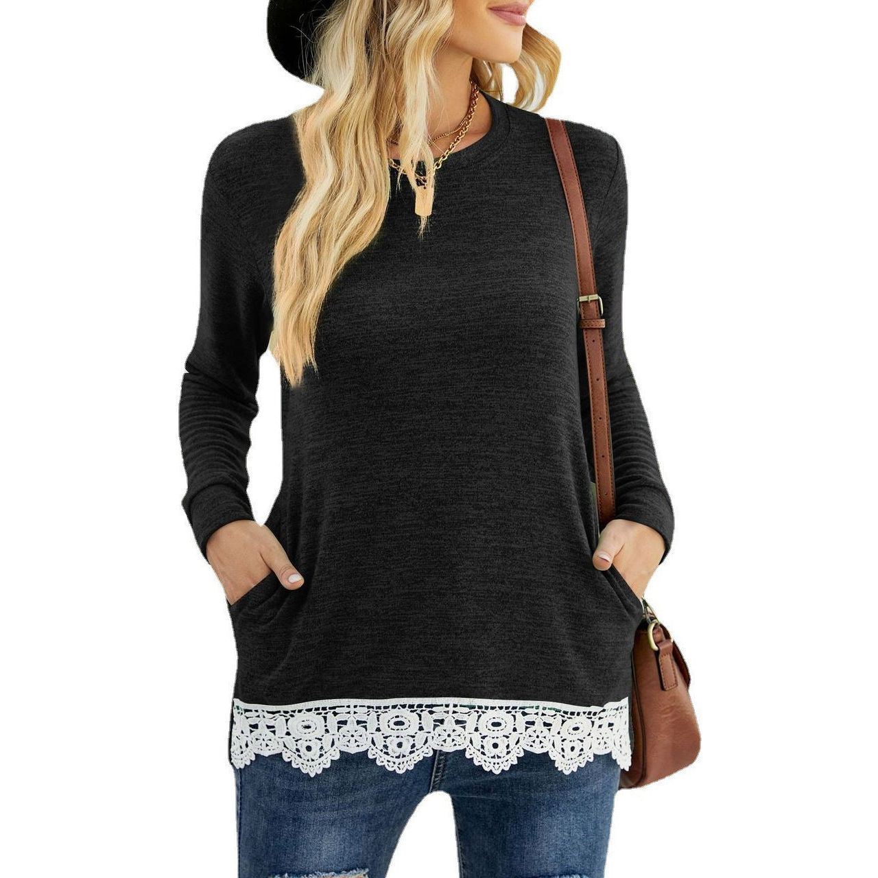 Round Neck Loose Leisure Pullover Pocket T-shirt Lace Stitching Coat