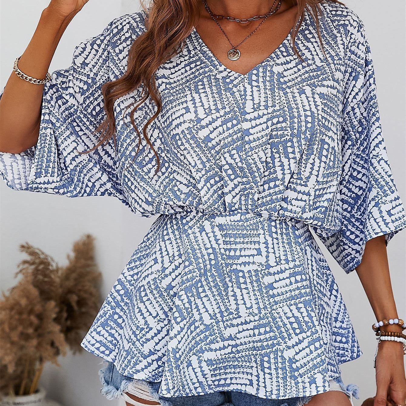 Women's Fashionable Simple V-neck Batwing Sleeve Loose Waist Trimming Printing Top - Jointcorp