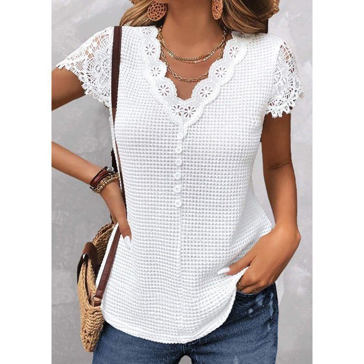 Spring And Summer Solid Color Lace V-neck Short-sleeved T-shirt - Jointcorp