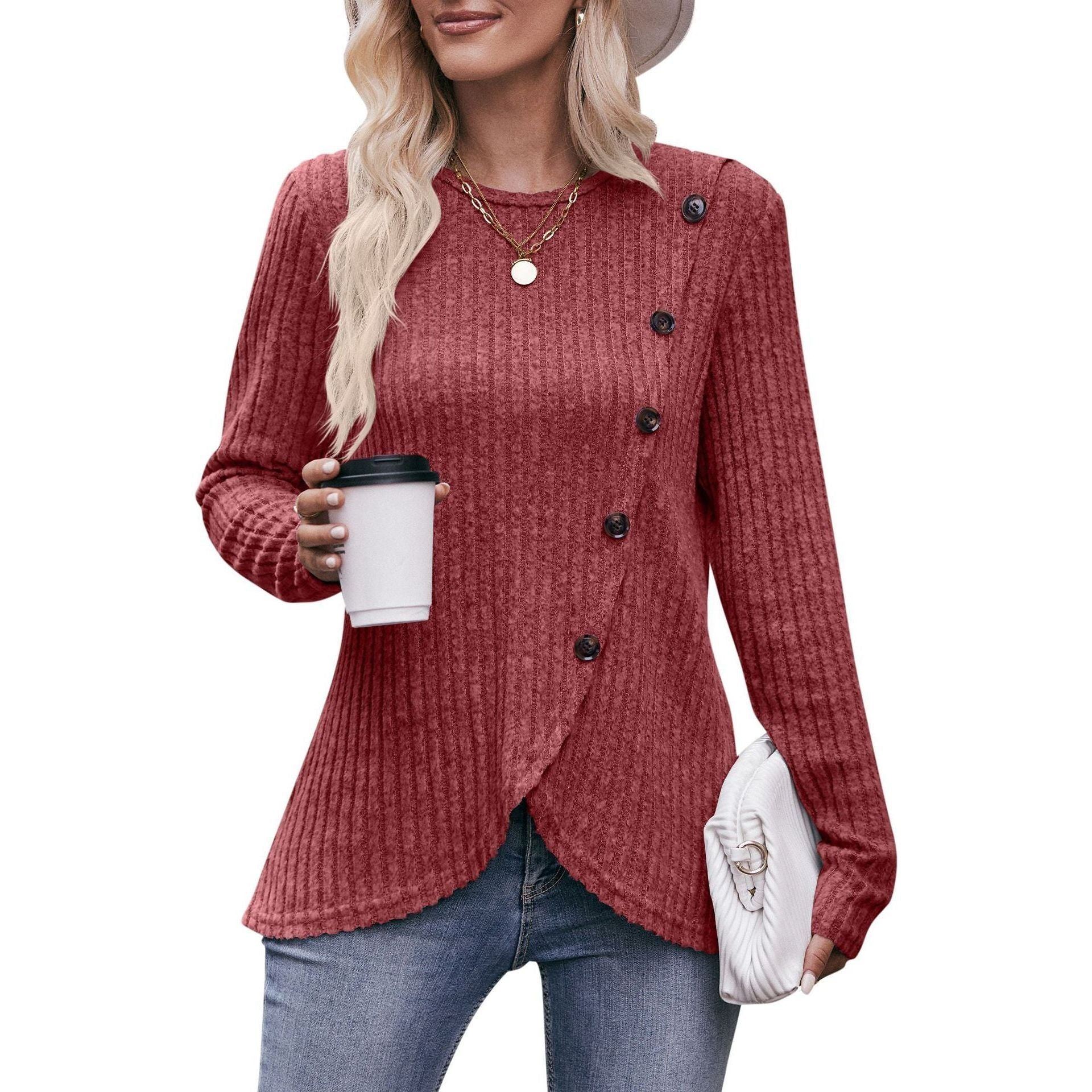 Women's Round-neck Sunken Stripe Brushed Tulip Hem Solid Color Button T-shirt