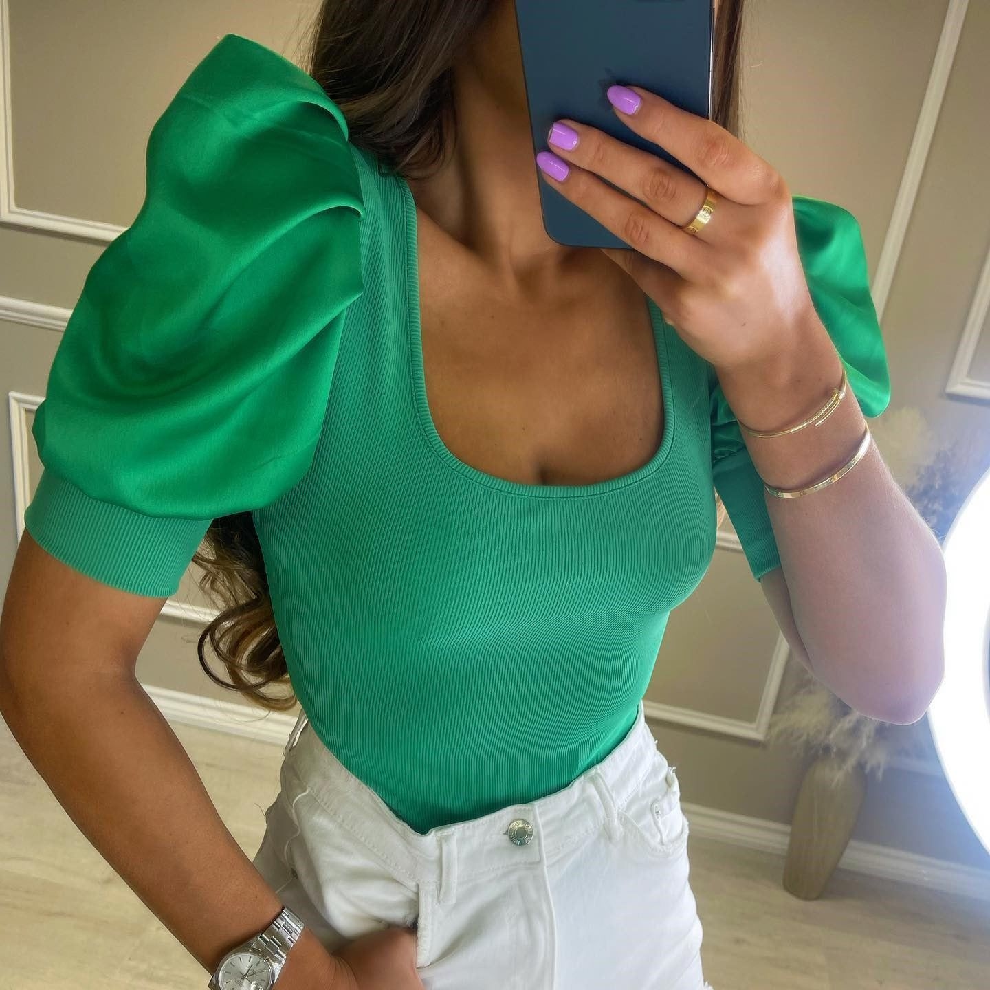 Women's Fashion Low Cut Round Neck Puff Sleeve Thread Slim - Jointcorp