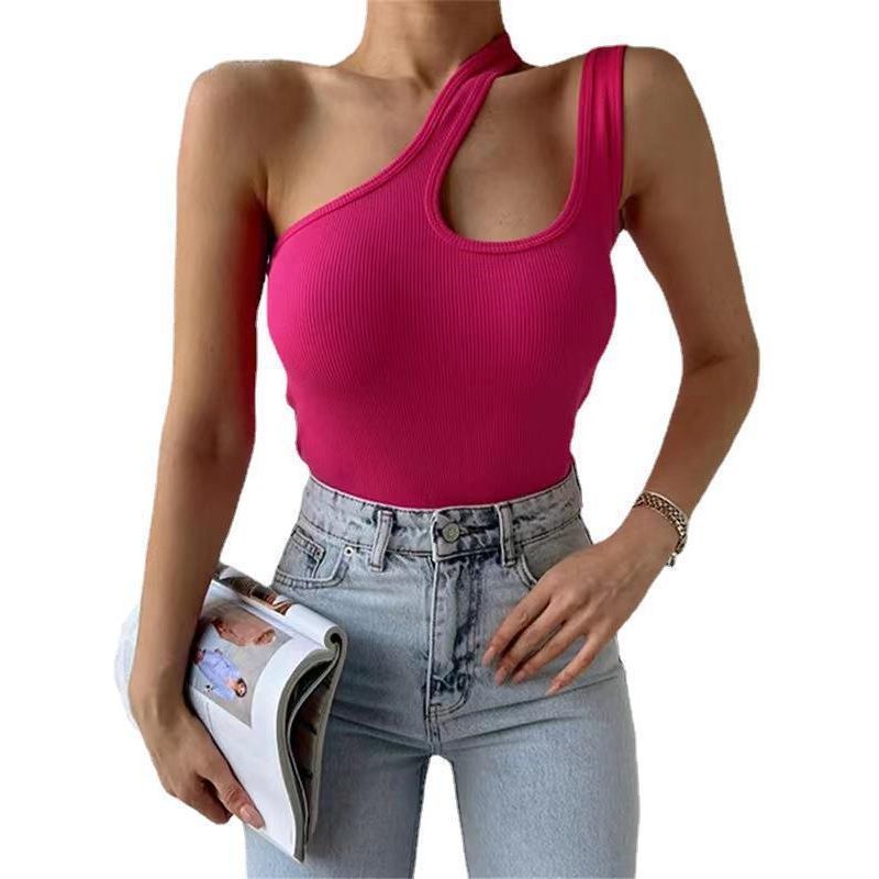 European And American Sunken Stripe Knitted Vest Solid Color Short Oblique Shoulder Irregular - Jointcorp