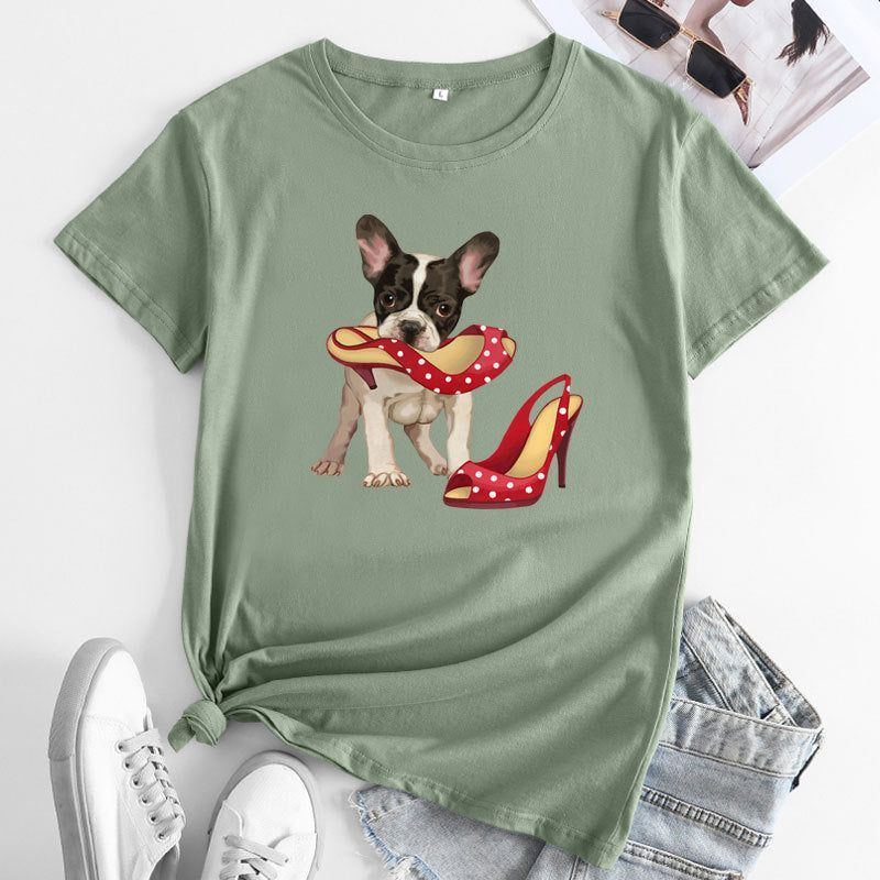 Loose And Cute Dog Print Pure Cotton Round Neck Short Sleeves