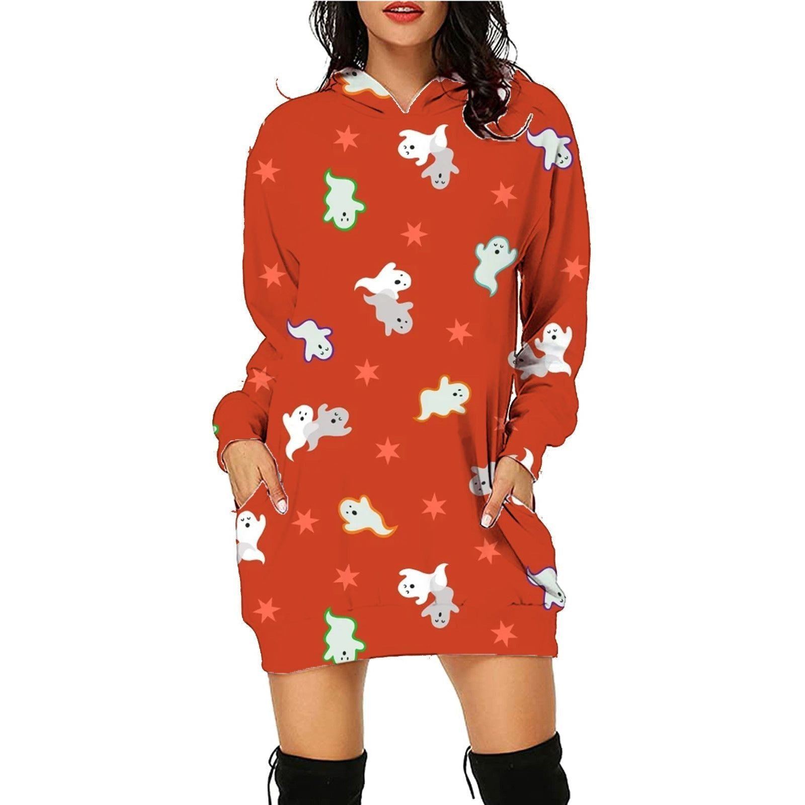 Halloween Print Long Hoodie With Pockets Sweater Long Sleeve Clothes Women - Jointcorp