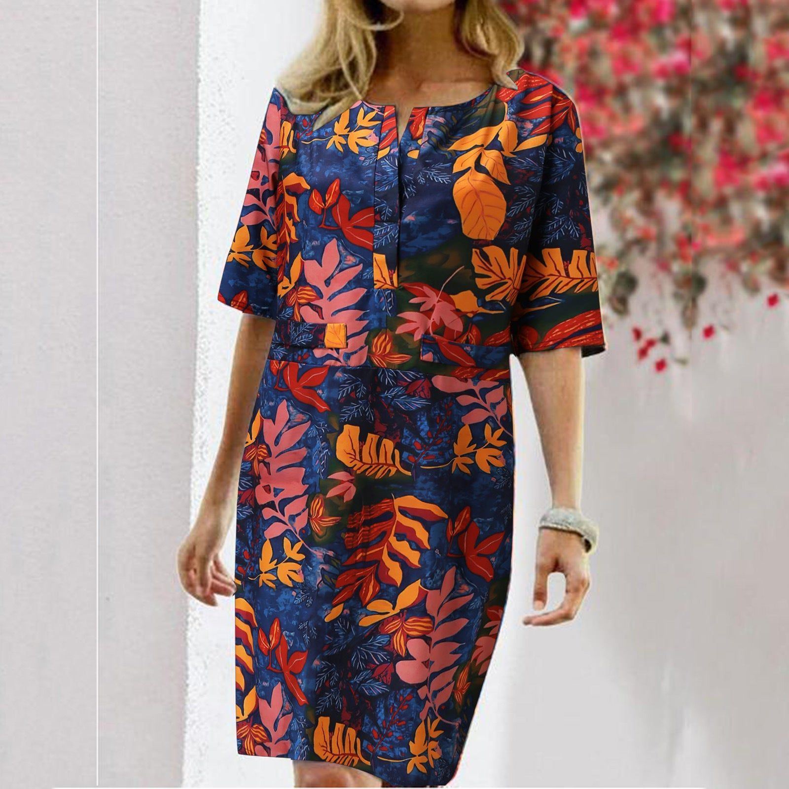 Vintage Dress Women Summer Floral Leaf Print Slit Round Neck Half Sleeve Dresses - Jointcorp