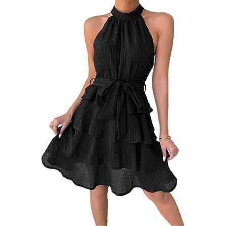 Women's Summer Sleeveless,Ruffle Belt Casual Layered Mini Swing Dress (S)