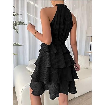 Women's Summer Sleeveless,Ruffle Belt Casual Layered Mini Swing Dress (S)