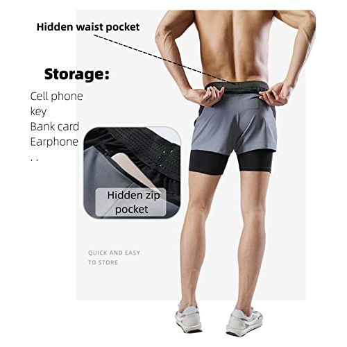 HONPOLO Men Activewear Shorts Outdoor Sports Shorts Quick-Drying Sports Fake 2-Piece Lined Swimming Trunks Sweat-Absorbing Soft Breathable Phone Pocket Night Vision Reflective