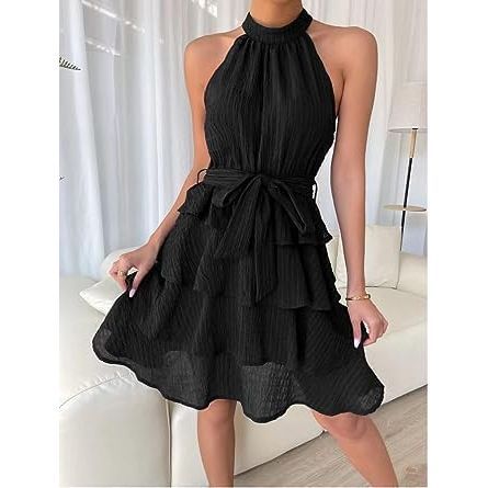 Women's Summer Sleeveless,Ruffle Belt Casual Layered Mini Swing Dress (S)