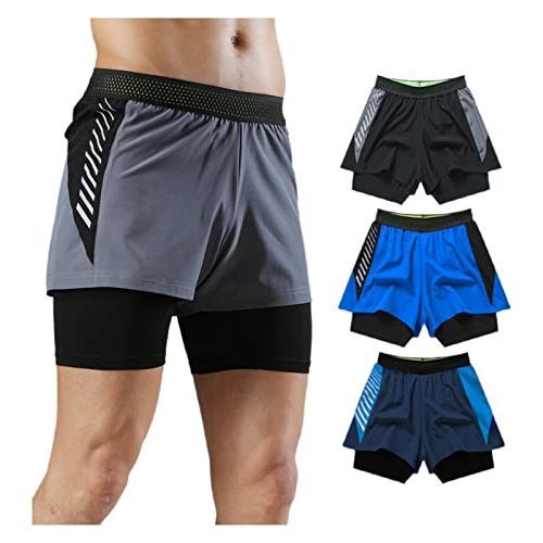 HONPOLO Men Activewear Shorts Outdoor Sports Shorts Quick-Drying Sports Fake 2-Piece Lined Swimming Trunks Sweat-Absorbing Soft Breathable Phone Pocket Night Vision Reflective