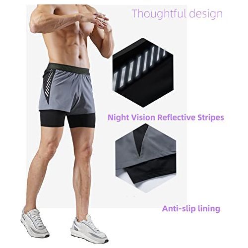 HONPOLO Men Activewear Shorts Outdoor Sports Shorts Quick-Drying Sports Fake 2-Piece Lined Swimming Trunks Sweat-Absorbing Soft Breathable Phone Pocket Night Vision Reflective