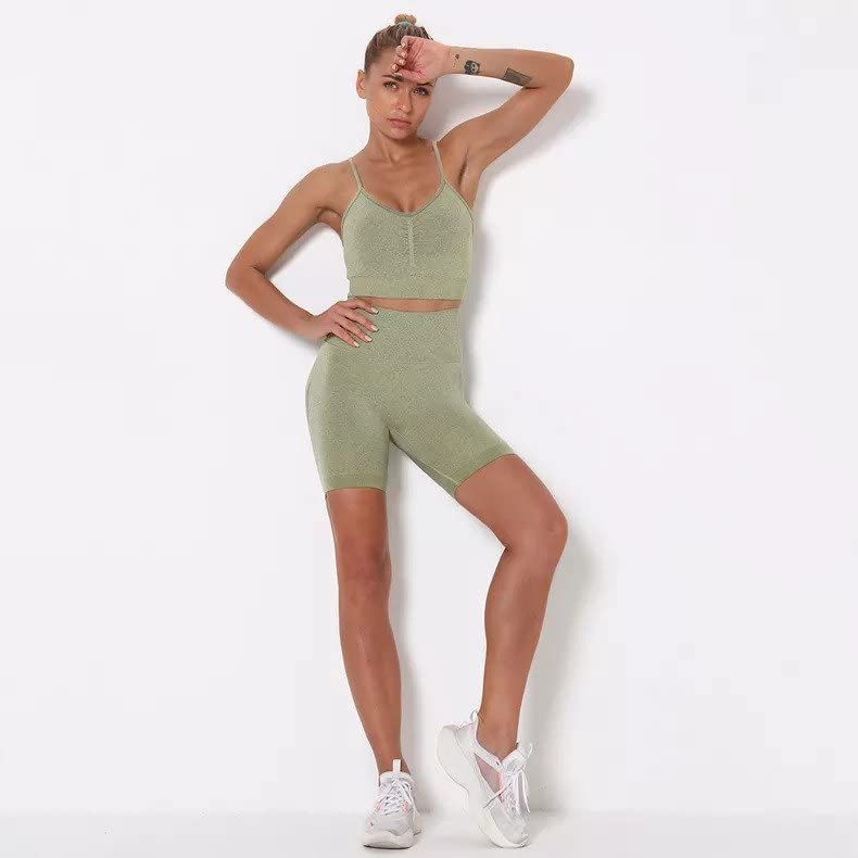 Caprisious Activewear Sportswear Gym Wear Workout Fitness Comfortable Army Green Sports Bra and Seamless Short 2 Piece Yoga Running Set for Women, Crop Top, Seamless Short