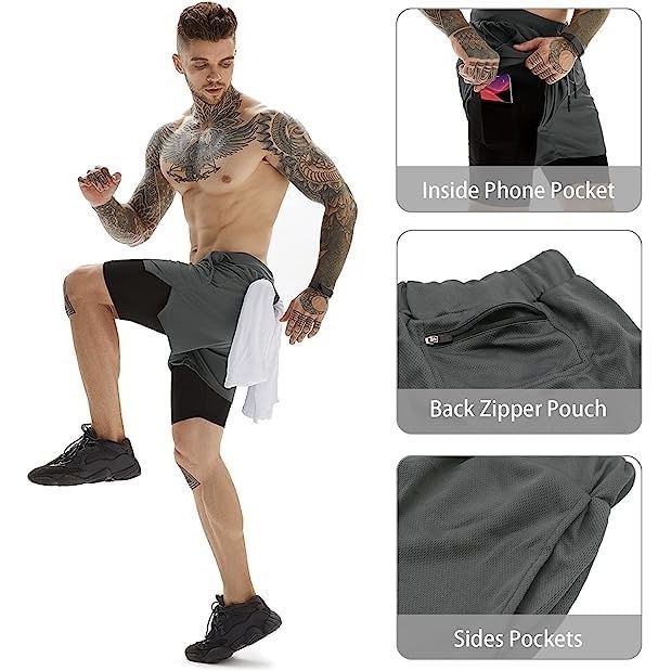 BananHome Men's 2 in 1 Running Shorts Gym Workout Quick Dry Mens Shorts Mens Athletic Shorts with Towel Loop and Phone Pocket