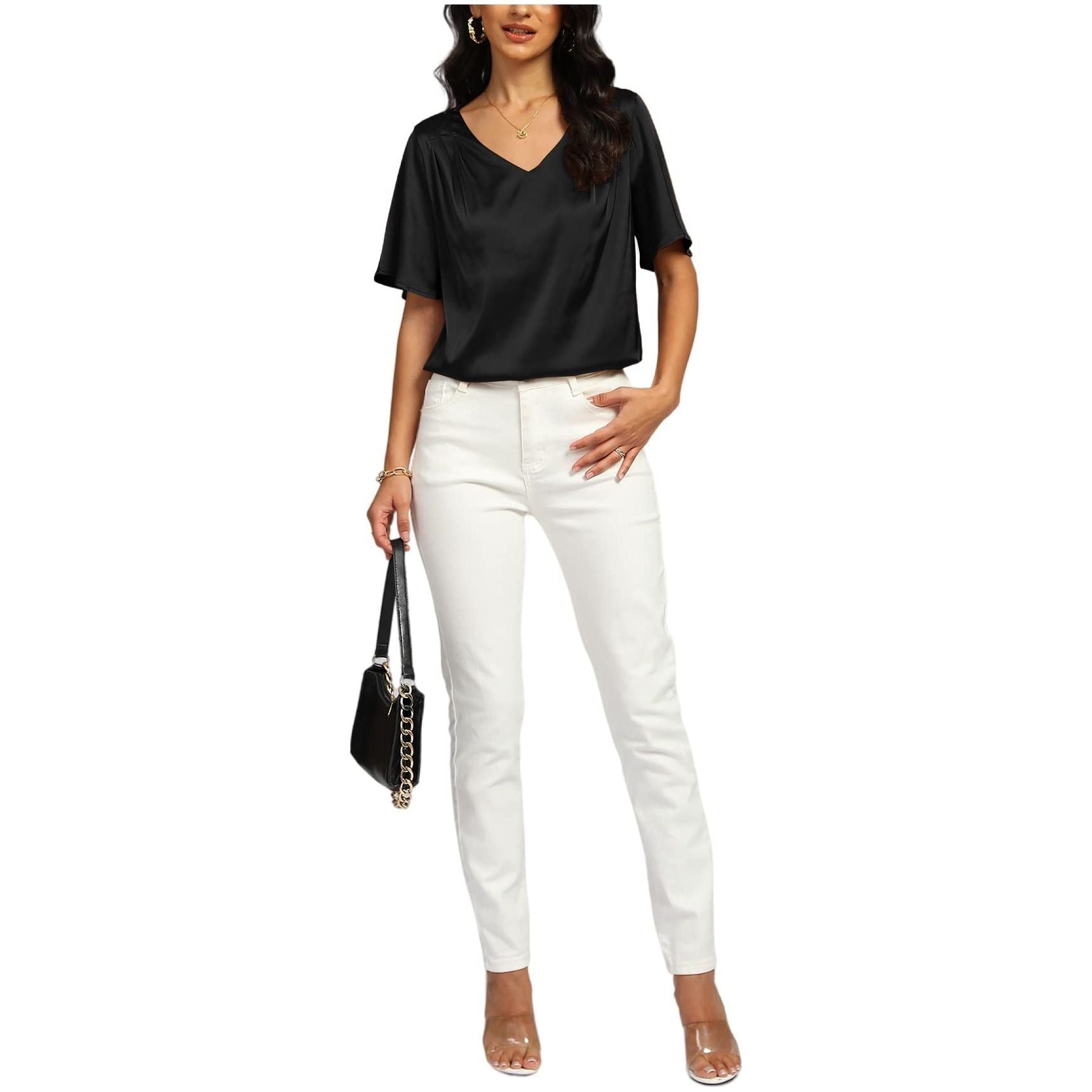 Rooscier Women's Satin V Neck Ruched Short Sleeve Loose Elegant Office Blouse Top