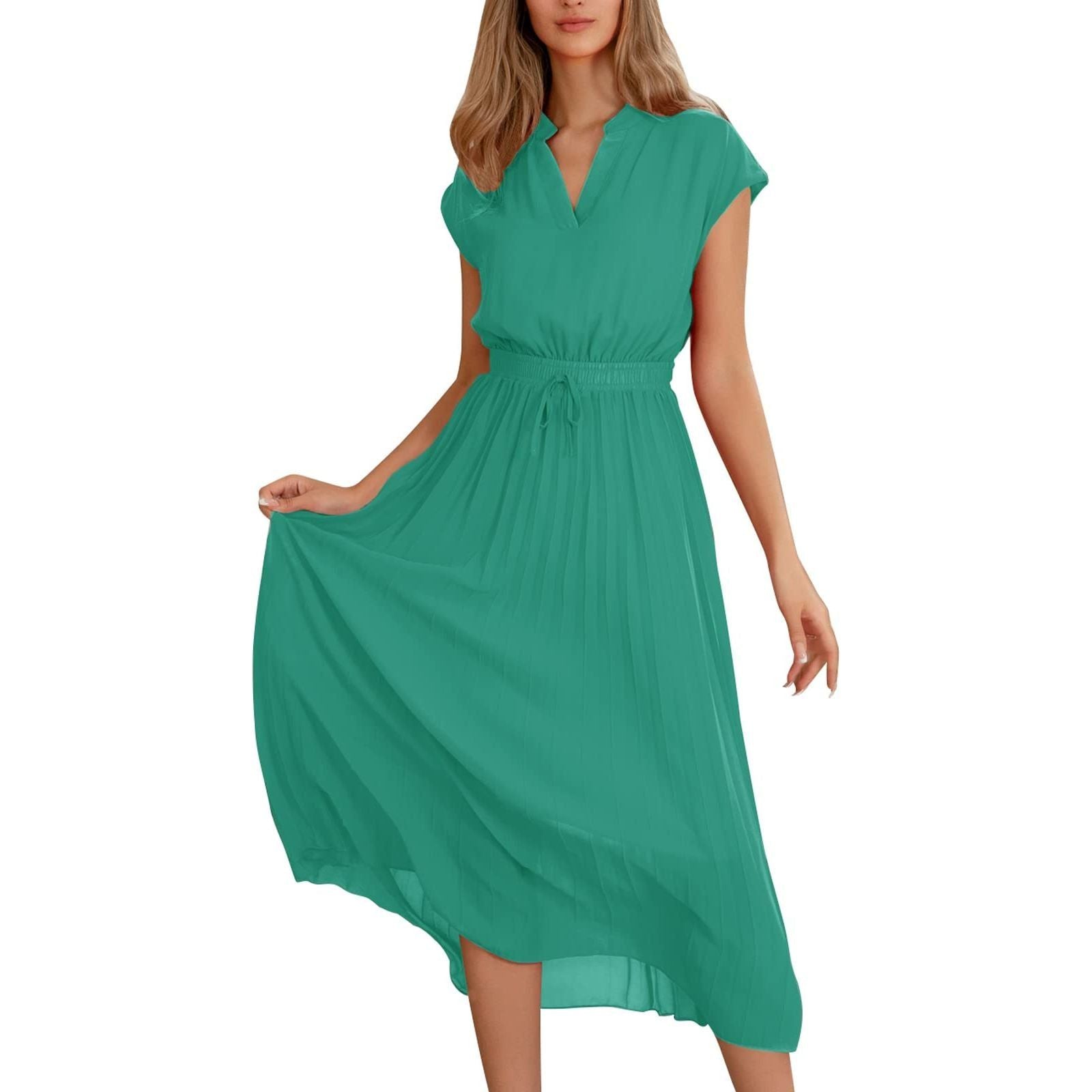 Paintcolors Women's Short Sleeve Pleated Long Maxi Dress V Neck Elastic Waist Ombre Solid Summer Beach Chiffon Flowy Sundress