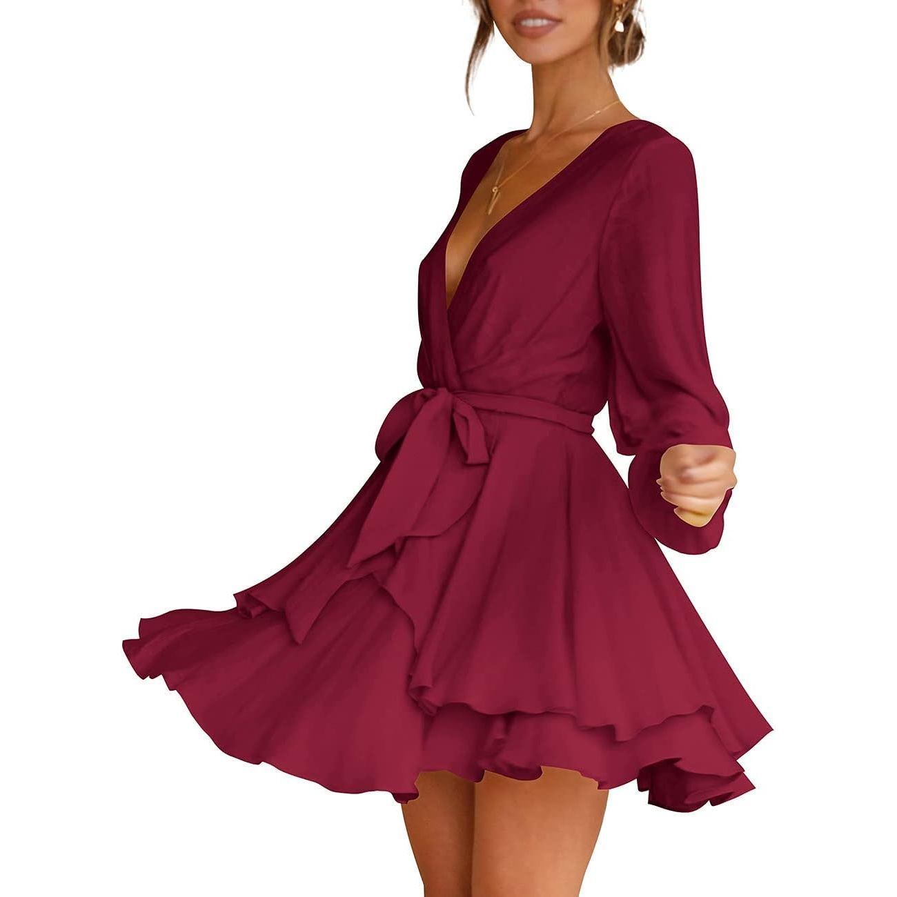 Cosonsen Women's Dress Deep V-Neck Long Sleeve Waist Tie Ruffle Mini Swing Skater Dresses