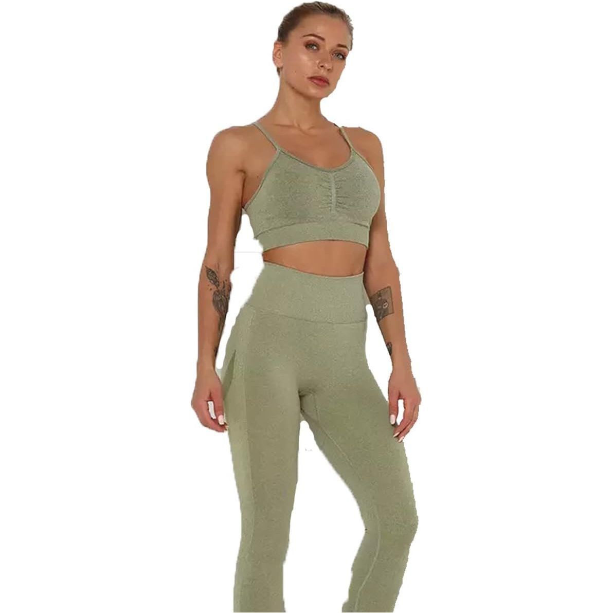 Caprisious Activewear Sportswear Gym Wear Workout Fitness Comfortable Army Green Sports Bra and Seamless Short 2 Piece Yoga Running Set for Women, Crop Top, Seamless Short