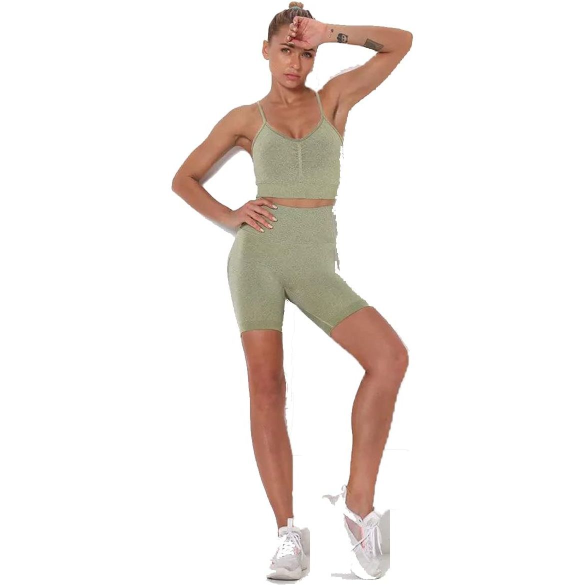 Caprisious Activewear Sportswear Gym Wear Workout Fitness Comfortable Army Green Sports Bra and Seamless Short 2 Piece Yoga Running Set for Women, Crop Top, Seamless Short