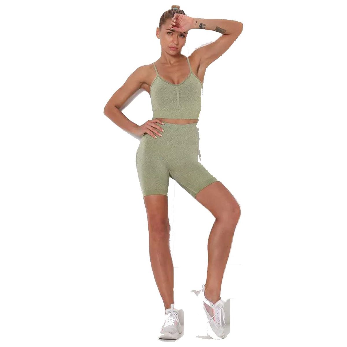 Caprisious Activewear Sportswear Gym Wear Workout Fitness Comfortable Army Green Sports Bra and Seamless Short 2 Piece Yoga Running Set for Women, Crop Top, Seamless Short