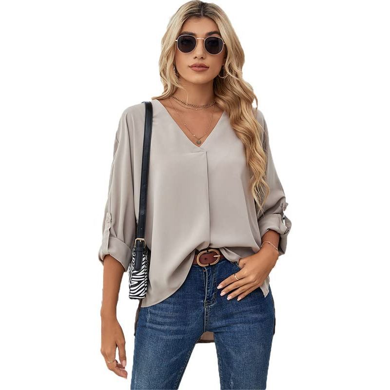 Women's Summer Silky V-Neck Long Sleeve Blouses Shirts Casual Solid Color Soft Satin Shirt Tops Womens Elegant Temperament Chiffon Shirts Office Work Shirts 3/4 Sleeve T-Shirt Tops