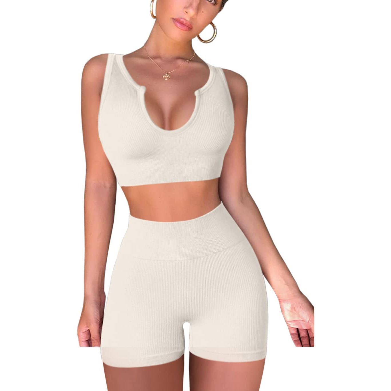 FAFOFA Seamless Workout Sets for Women Ribbed Sport Bra High Waist Running Shorts Gym 2 Piece Yoga Sets