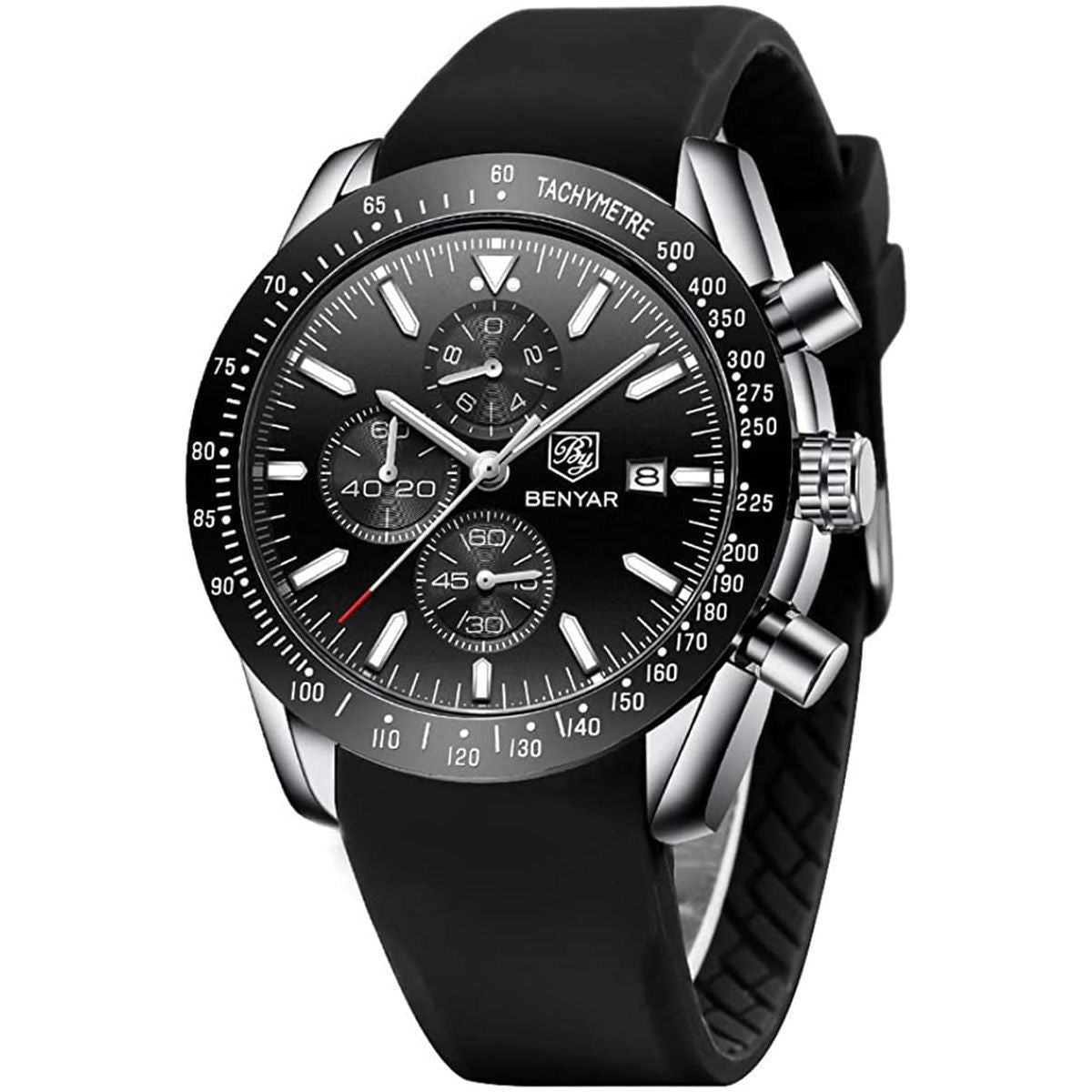 BY BENYAR Watches for Men Silicone/Stainless Steel/Brown Leather Strap 30M Waterproof Quartz Chronograph Men Watches Business Casual Wrist Watch Gifts for Men