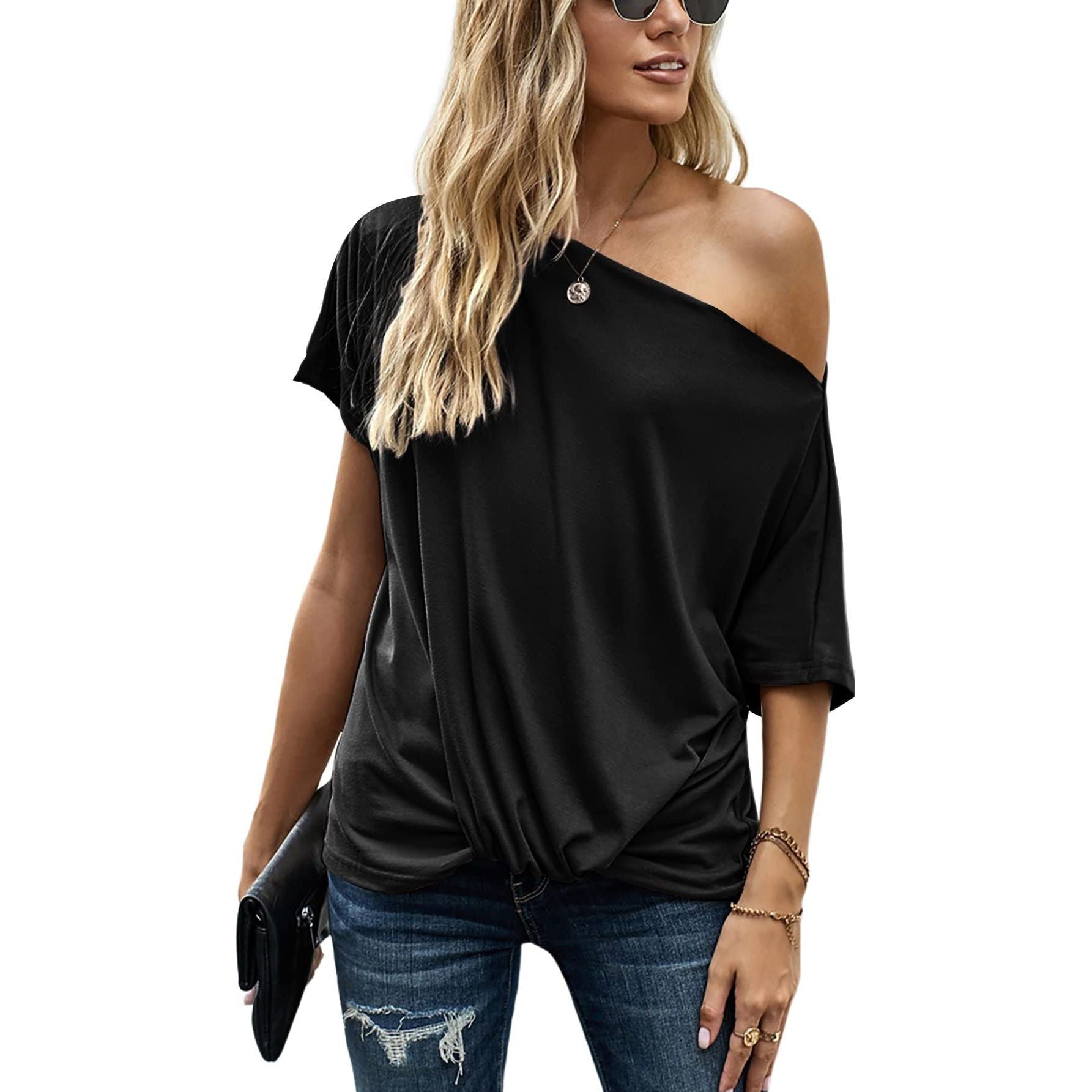 LYANER Women's Off Shoulder Twist Knot Batwing Sleeve Loose Tunic T Shirt Blouse Top