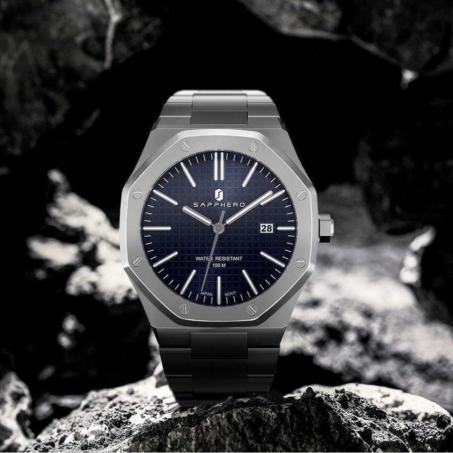 SAPPHERO Watch for Men Silver Stainless Steel Mens Watches 100M Waterproof Analog Quartz Movement Wrist Watch Gifts for Men