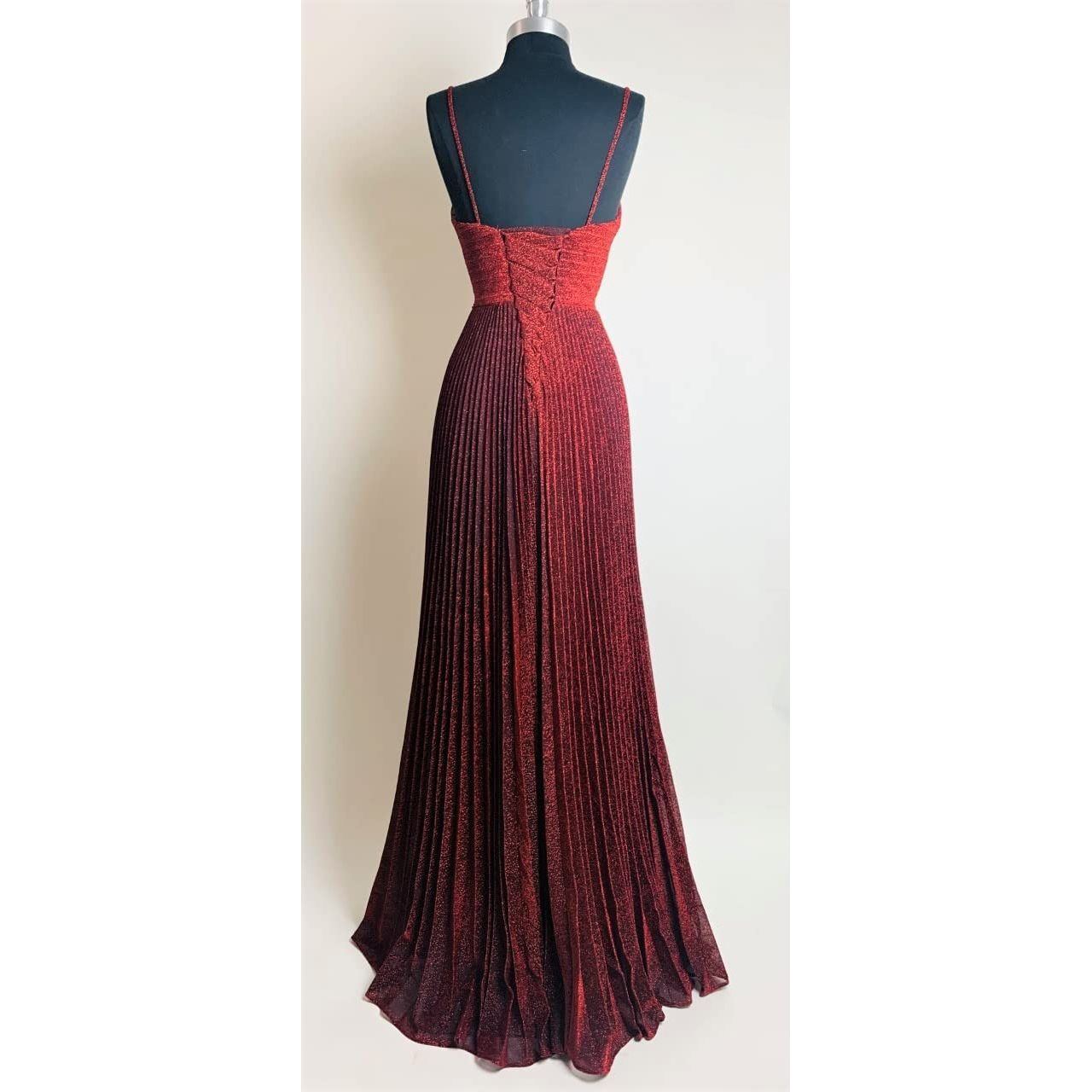 Meier Women's Metallic Glitter Pleated Long Prom Formal Dress