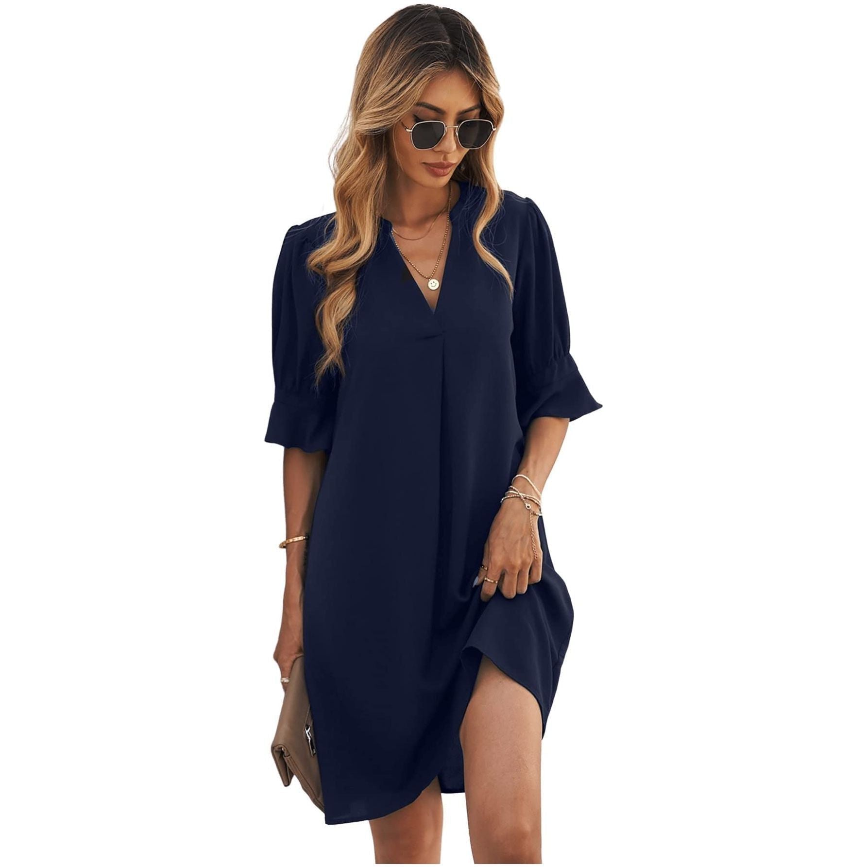 Famulily Women's V Neck Half Sleeve Shirt Dress Elegant Summer Casual Solid Color Short Dress S-XXL
