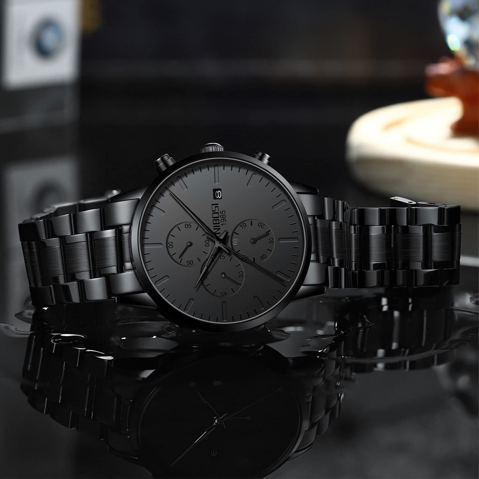NIBOSI Men's Watches Analog Minimalist Black Dial Watches for Men Business Chronograph Military Casual Wrist Watches Stainless Steel Strap Date