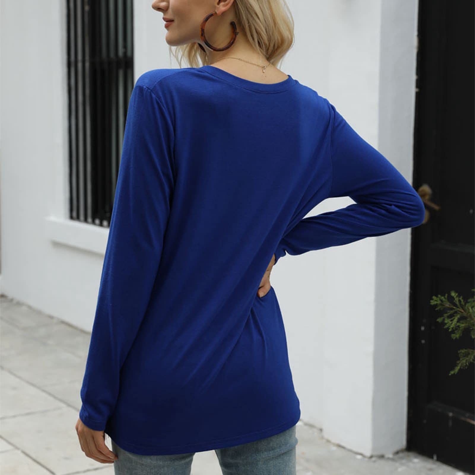 FOKFO Women Long Sleeve T Shirt V Neck Loose Blouse Casual Tunic Top Ladies Spring Fall Plain Basic Tee Shirt with Pocket