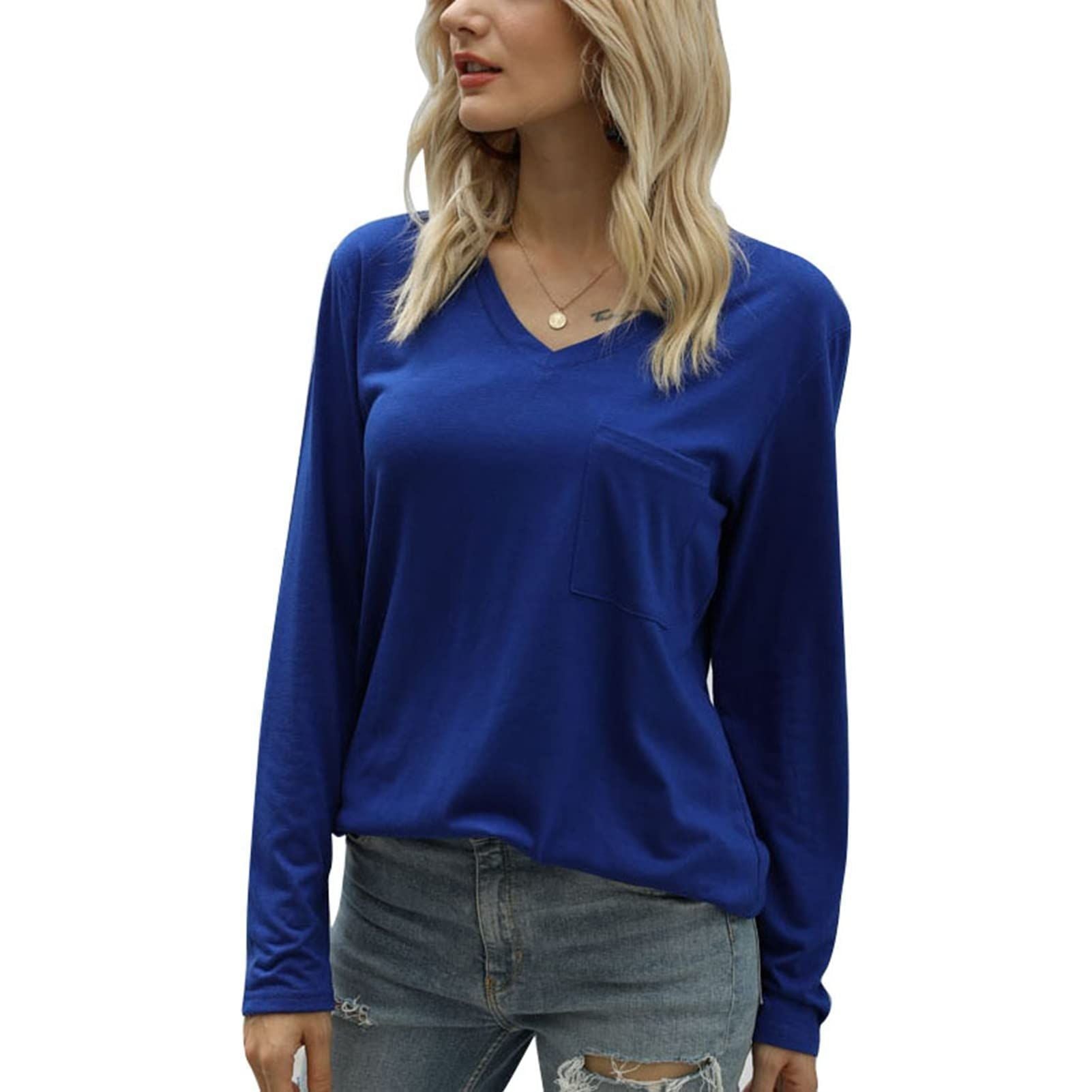 FOKFO Women Long Sleeve T Shirt V Neck Loose Blouse Casual Tunic Top Ladies Spring Fall Plain Basic Tee Shirt with Pocket