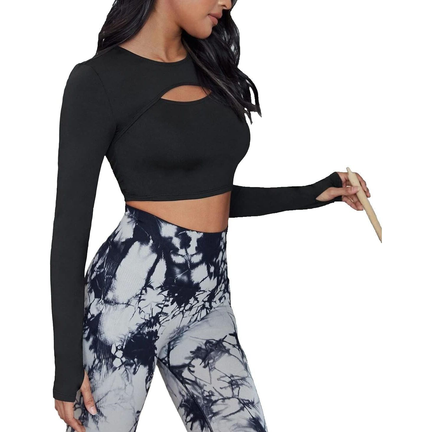 Sports Crop Top Long Sleeve Cut Out Front Sports Tee Yoga Top Athletic Fitness Sportswear for Women