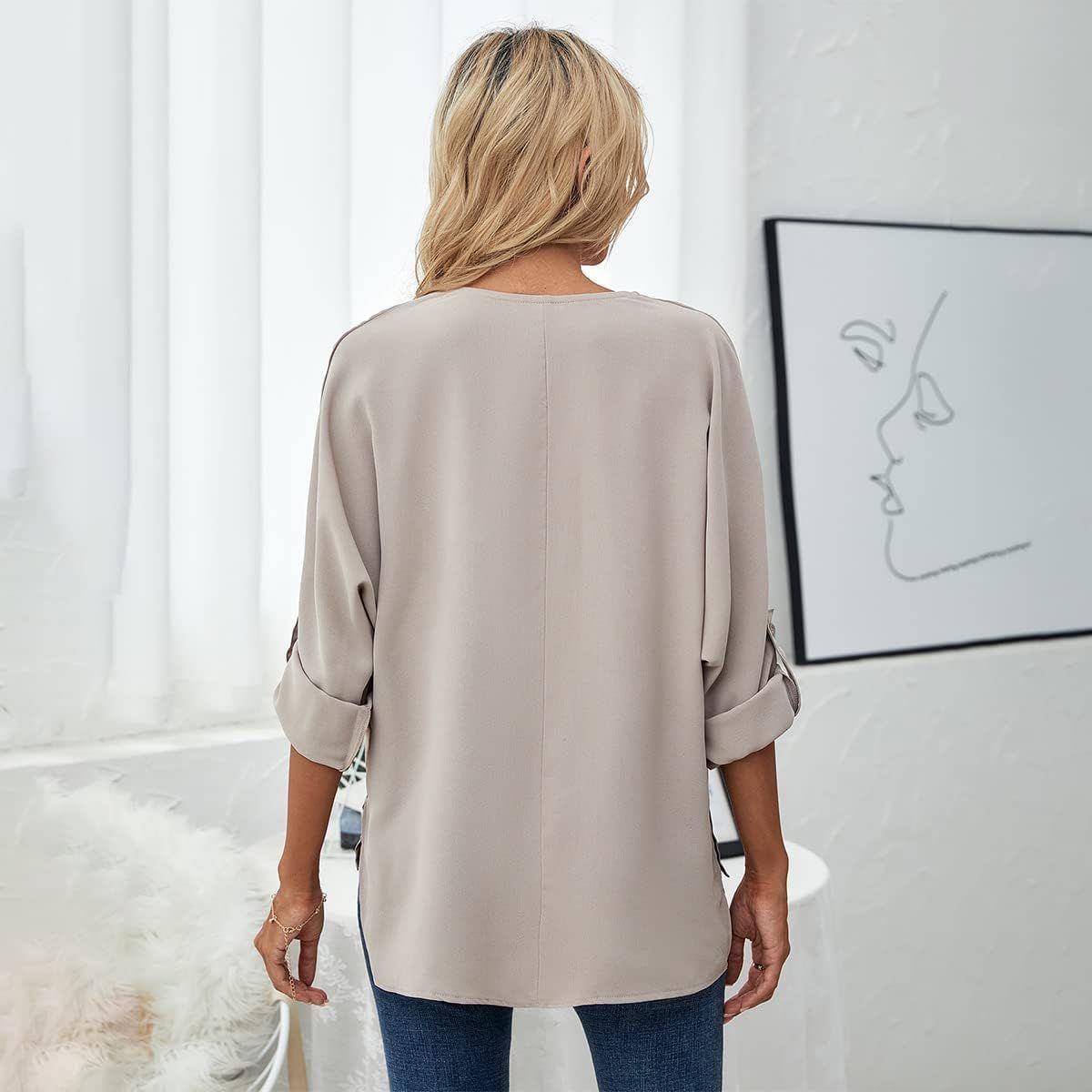 Women's Summer Silky V-Neck Long Sleeve Blouses Shirts Casual Solid Color Soft Satin Shirt Tops Womens Elegant Temperament Chiffon Shirts Office Work Shirts 3/4 Sleeve T-Shirt Tops
