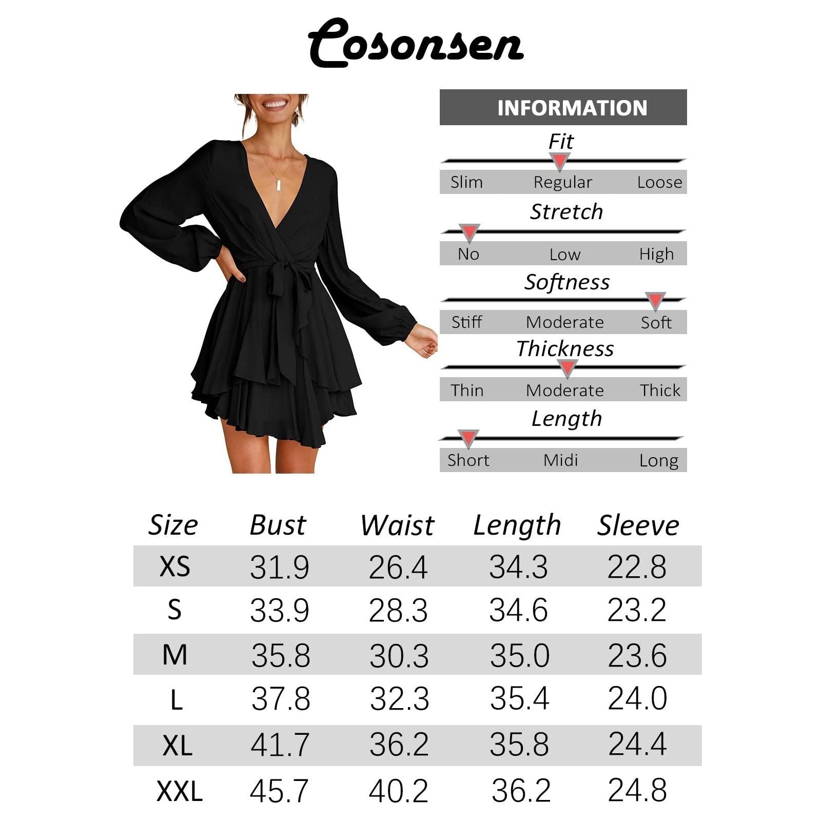 Cosonsen Women's Dress Deep V-Neck Long Sleeve Waist Tie Ruffle Mini Swing Skater Dresses